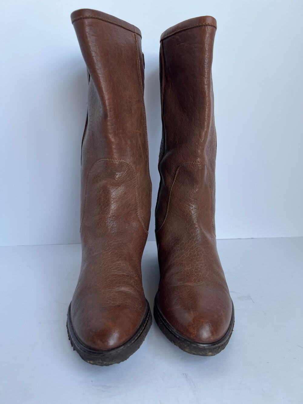 Stuart Weitzman Brown Leather Crepe Sole Mid Calf Harness Moto Boots Women 6.5 M